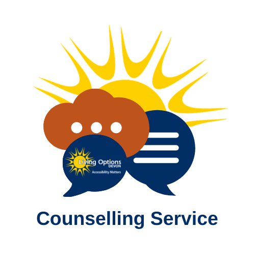 Counselling Service Logo three three speech bubbles with sun behind and Living Options Devon logo