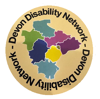 A gold colourd circle with the words Devon Disability Network around the edge and a map of Devon showing the different districts in different colours.
