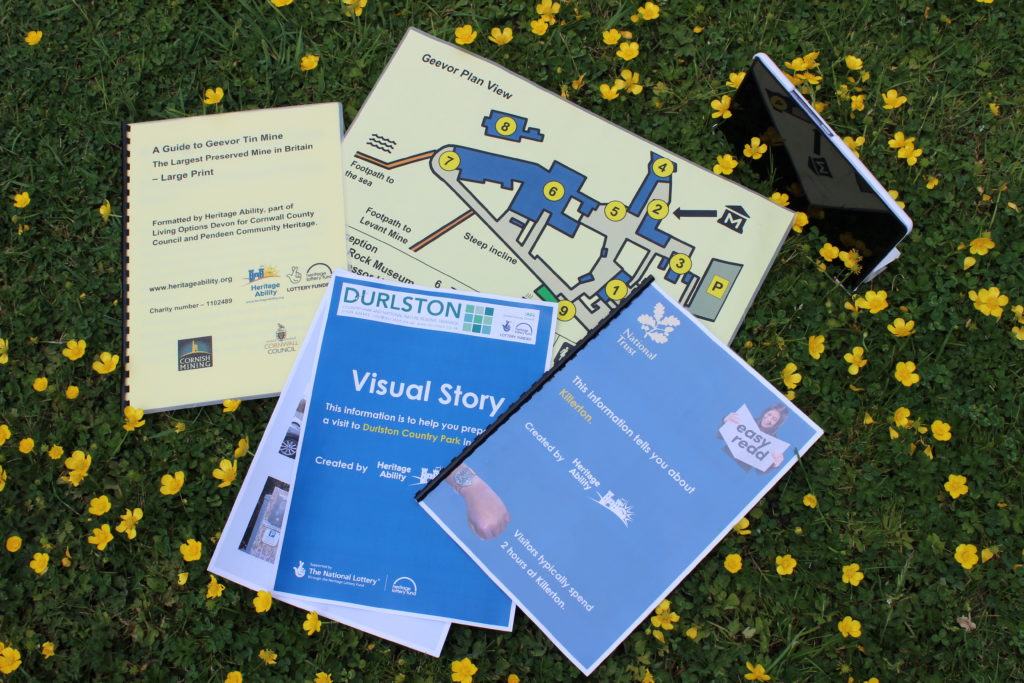Living Options Devon accessible products - large print guide, visual story and BSL tour.
