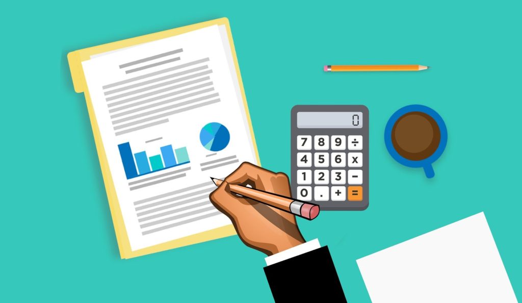 Graphic design image looking down onto a green desk, a hand is writing in pencil on a paper document report with calculator on the table