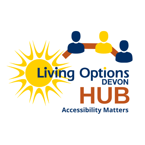 Text reads Living Options Devon Hub Accessibility Matters. Image shows the LOD sun and outlines on three people connected together.