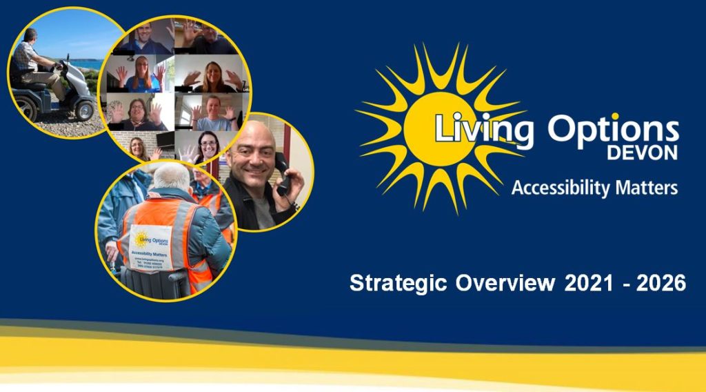 Man on all terrain mobility scotter, group of people waving on webcams, man on telephone smiling to camera and back of a man in wheelchair wearing a high viz vest with Living Options Devon logo