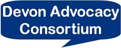 Speech bubble in navy blue with the white text which reads Devon Advocacy Consortium