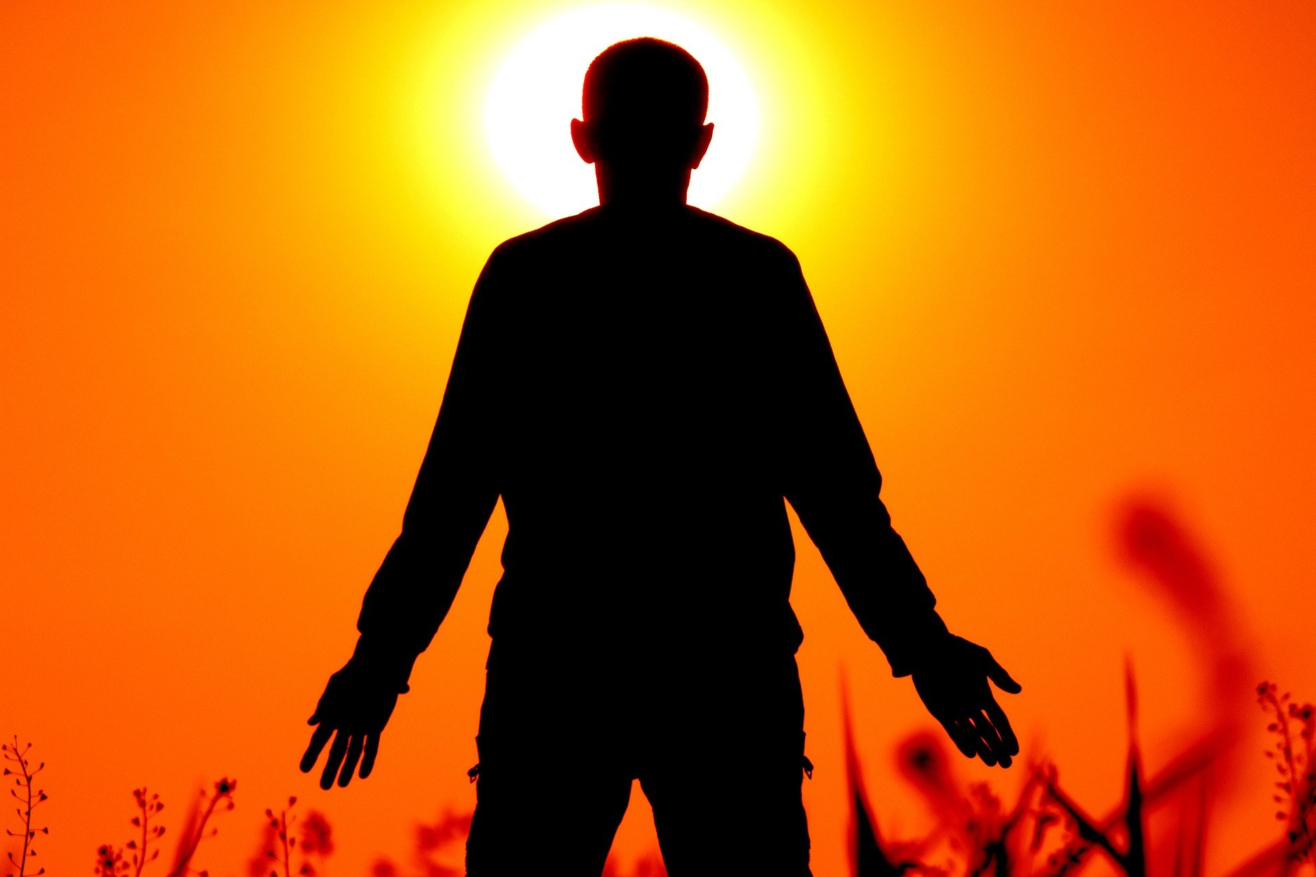 Silhouette of man in field facing orange sunset arms our wide