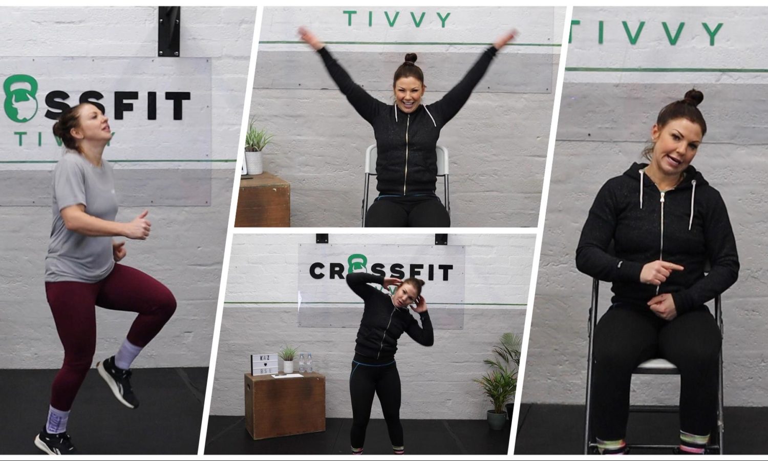 A collage of photos of a female fitness instructor doing various different exercises including seated and standing exercise in BSL