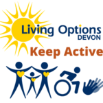 Living Options Devon Keep Active image shows three blue people with yellow hearts and arms in the air stretching,, wheelchair users and BSL hands symbol