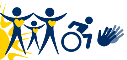 The sun shining on the graphic design images of three people in blue with yellow hearts, arms outstretched, person in a wheelchair and the BSL sign hands.