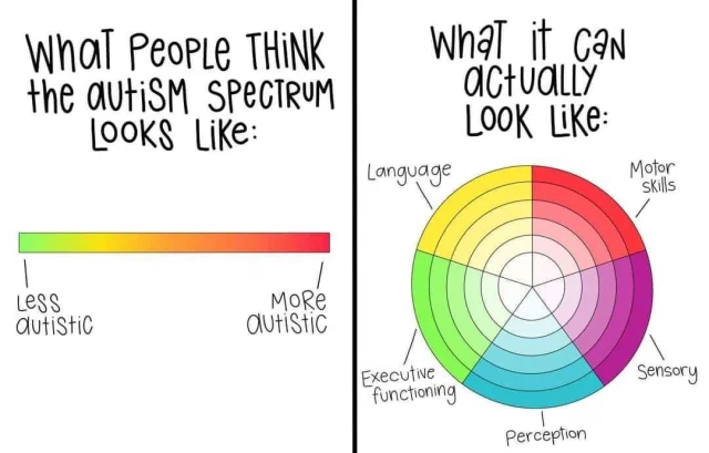 what people think the autism spectrum looks like and what it really looks like. A straight line verses a circle