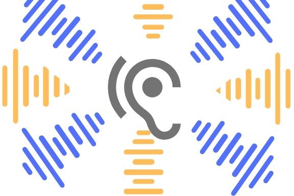 an outline of an ear with soundwaves around it.