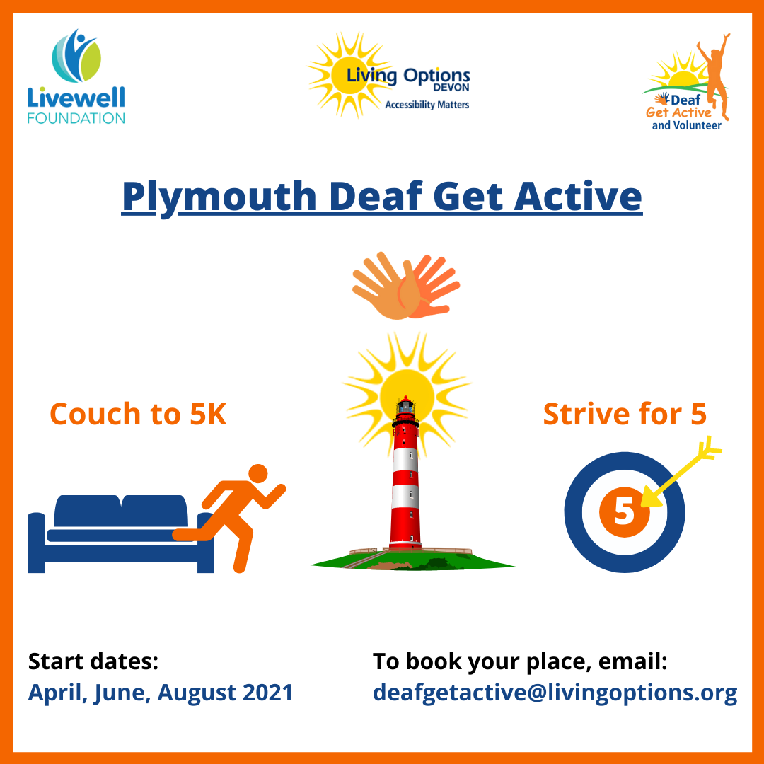 Plymouth Deaf Get Active Couch to 5K and Strive for 5. image of Plymouth Lighthouse, person running and target board