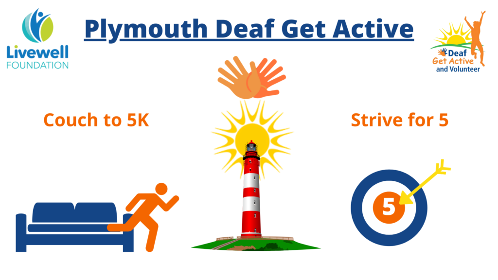 Plymouth Deaf Get Active, Strive for 5 and Couch to 5K. Image of Plymouth Lighthouse, person running off couch, target board and DGAV logo, Livewell Foundation logo