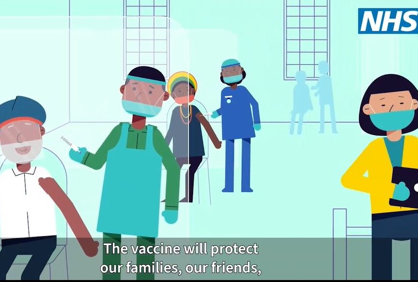 animation showing people at an NHS vaccination centre, having the vaccine, with the wording the vaccine will protect our community and friends.