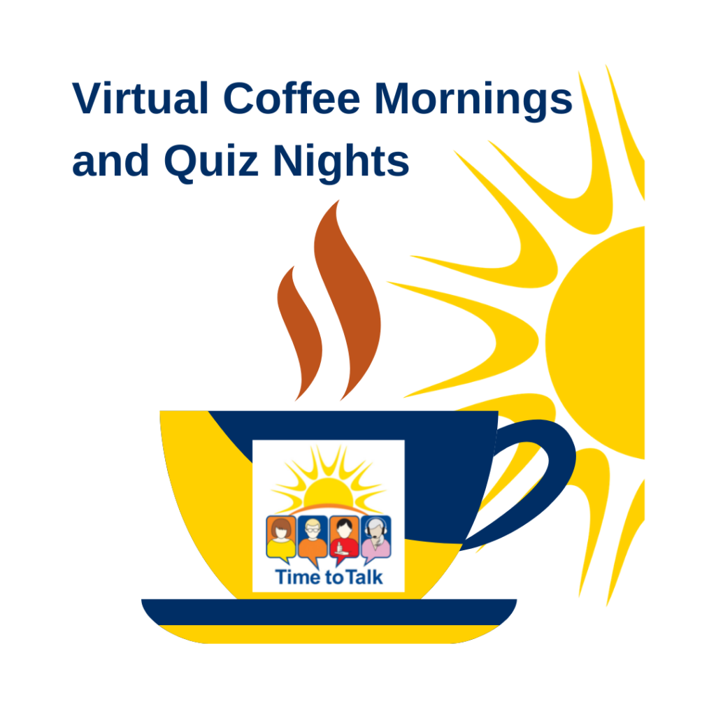Yellow and blue coffee mug with the Time to Talk logo and the sun with the words Virtual Coffee Mornings and Quiz Nights