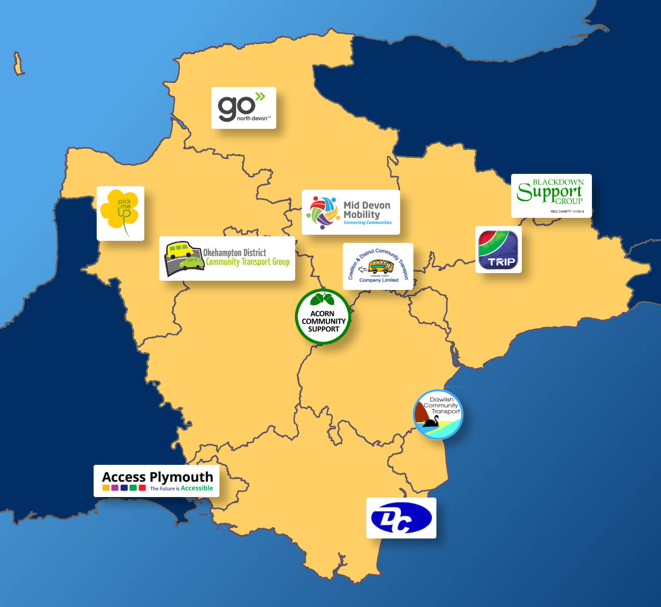 Map of Devon with transport service logos