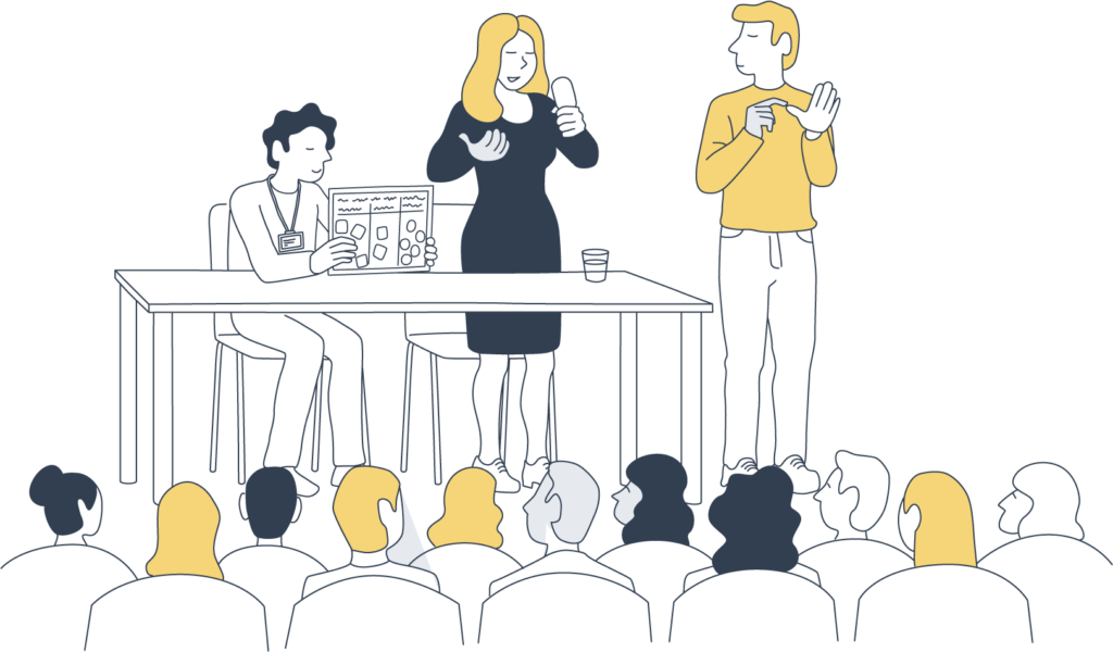 illustration of a public speaker being assisted by a visual guide and BSL translator