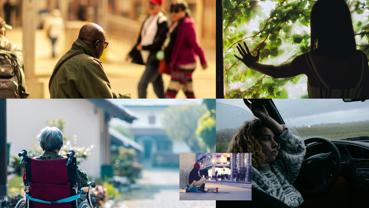 Loneliness - man sitting in the street while two women walk past looking at him - young woman looking out of a dark room window - older lady in a wheelchair looking down a drive way - homeless person in the street on their own - woman looking unhappy in the front of a car