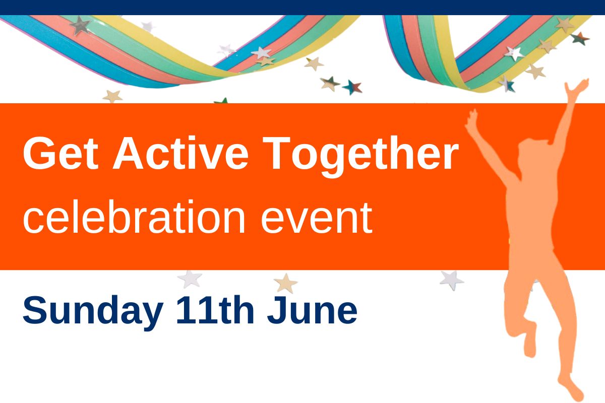 A rainbow ribbon and scattering of stars above the text Get Active Together celebratin event Sunday 11th June. A silhouette of a jumping person in orange.