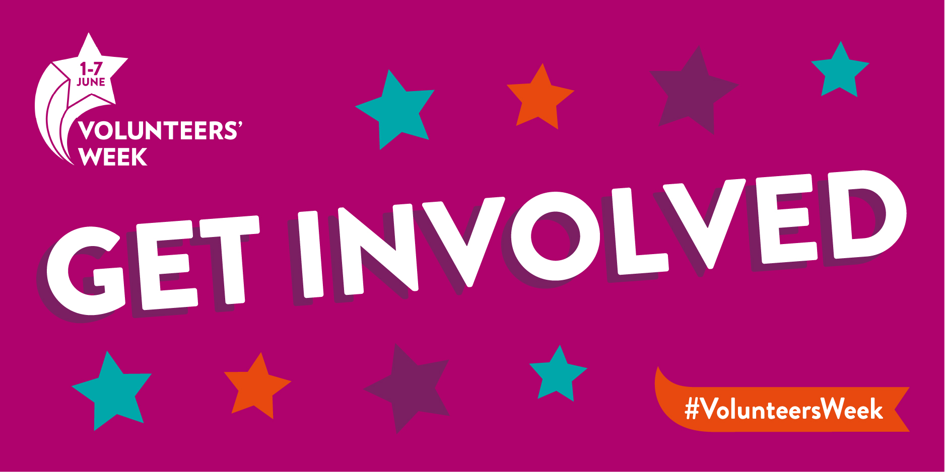 A purple background with colourful stars with the words GET INVOLVED running across the image. Volunteers week logo of a shooting star is in the corner and #VolunteersWeek