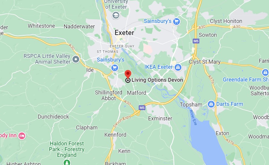 A google map of the location of Living Options Devon