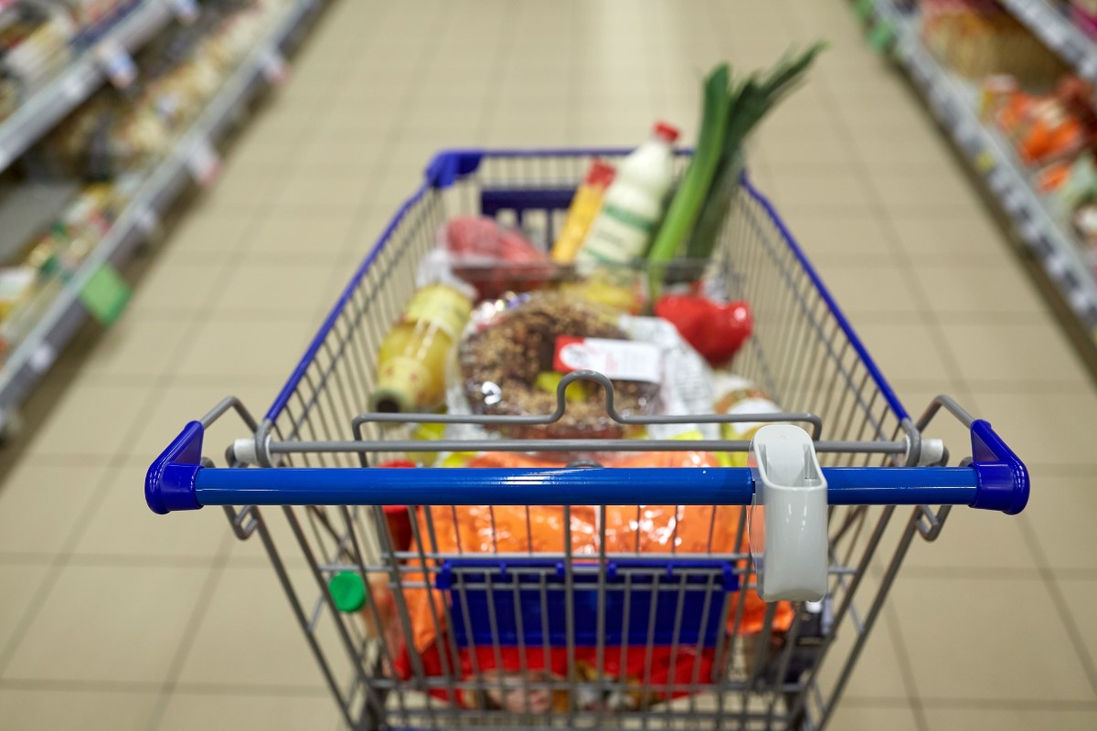 A shopping trolley containing food and essentials