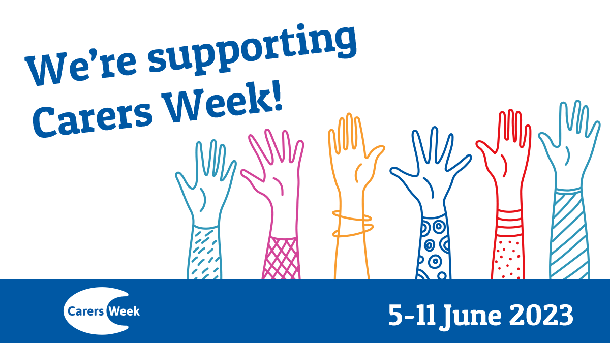 Line drawing of six hands in rainbow colours raised in the air. Text reads: We're supporting Carers Week! 5-11 June 2023. Carers Week logo.