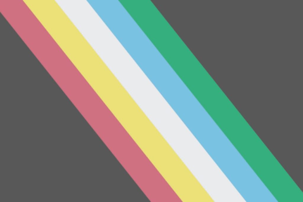 A muted black background with 5 stripes of colour running on the diagonal