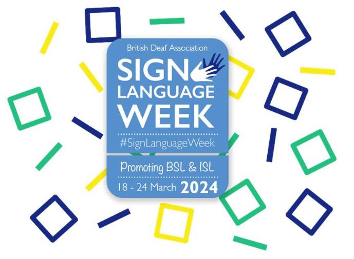 Sign Language Week logo against colourful squares and lines