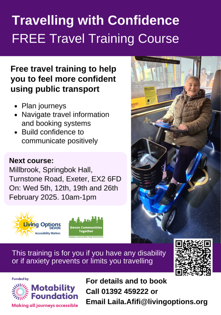 Event Details. Woman on Mobility scooter smiling on a bus. Living Options Devon, Devon communities together, and Motability foundation logos included.