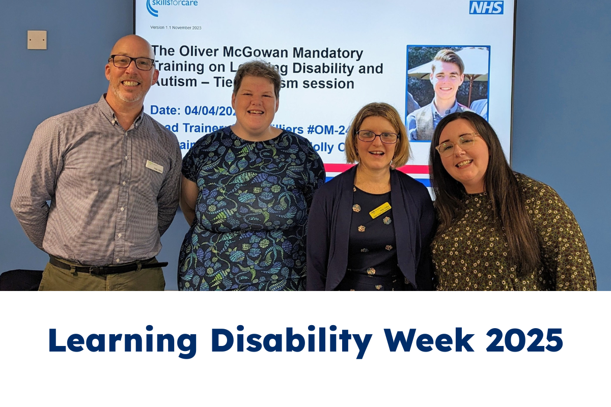 Oliver McGowan Trainers and Experts smile at the camera. Behind is The Oliver McGowan Mandatory Training on Learning Disability and Autism presentation.
