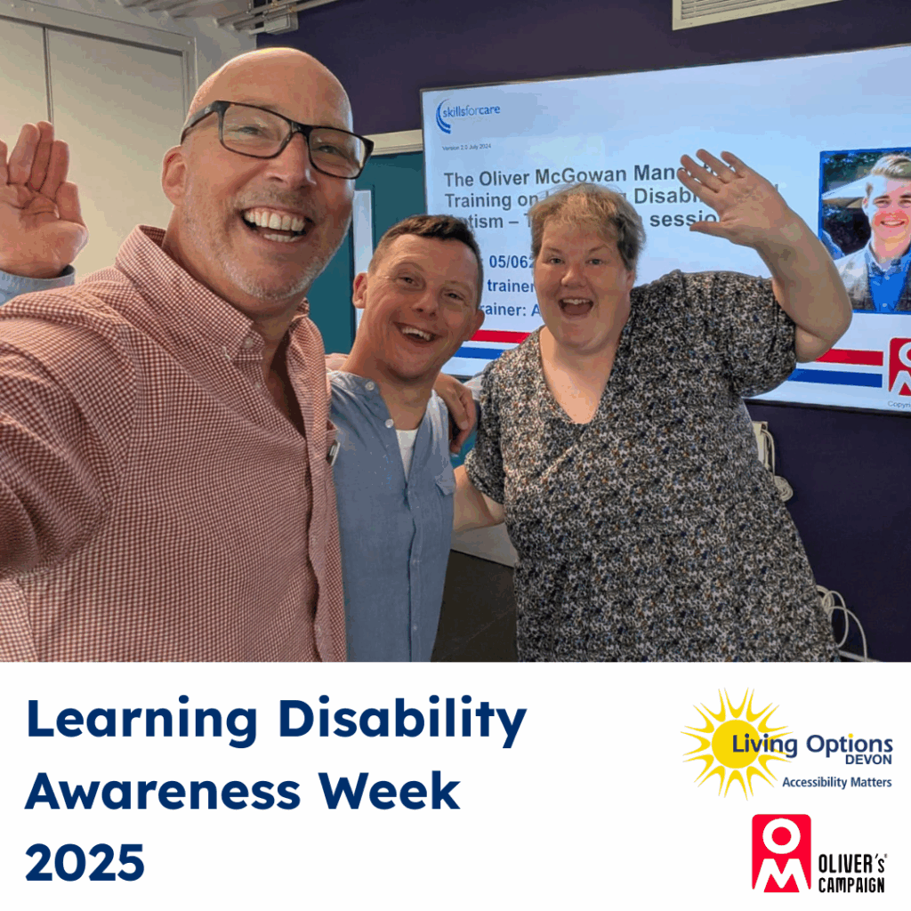 Three of our Oliver McGowan experts smile and wave at the camera. Behind them is the first slide of the Oliver McGowan Mandatory Training on Learning Disability and Autism training session
